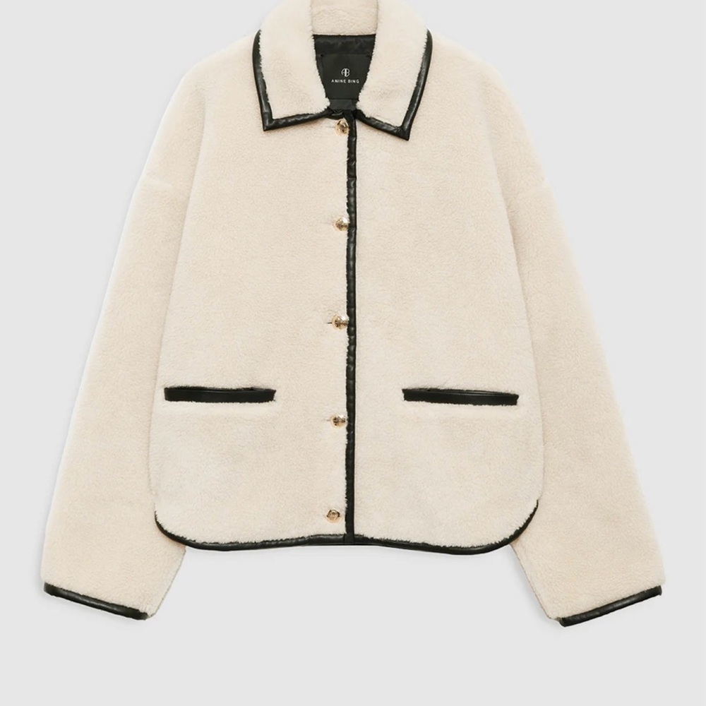 Anine Bing Cream Teddy Jacket with Black Accents